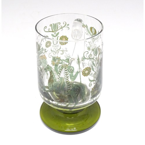 196 - A 19thC glass goblet / rummer. Together with a Continental tankard depicting hunting scene, figure o... 