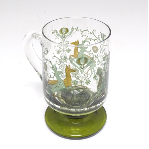 196 - A 19thC glass goblet / rummer. Together with a Continental tankard depicting hunting scene, figure o... 