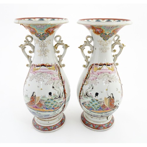 24 - A pair of Japanese vases with flared rim and twin handles, decorated with a vignette depicting figur... 