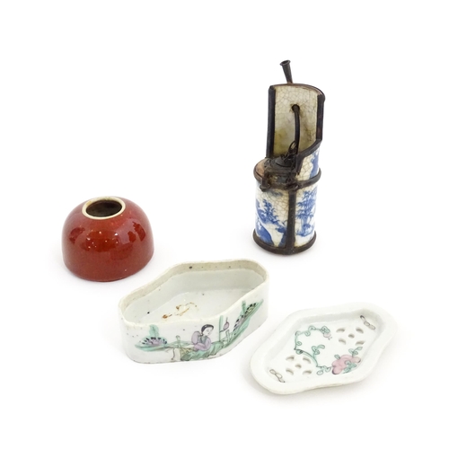 50A - Three Chinese items comprising a cricket box decorated with a figure, flowers and Character script, ... 