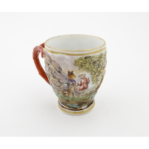 99 - A Continental coffee cup decorated in relief with animals in a landscape. Marked under with Capodimo... 