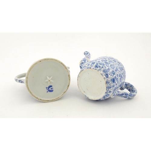 107 - A blue and white teapot with floral, foliate and insect decoration. Together with a blue and white h... 