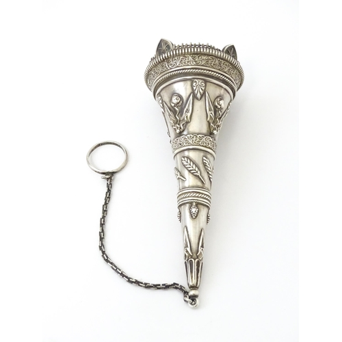 363 - A Victorian white metal posy holder of conical form with wirework detail, floral, acanthus scroll an... 