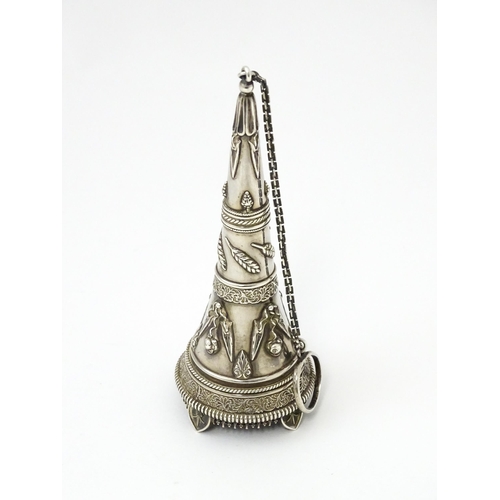 363 - A Victorian white metal posy holder of conical form with wirework detail, floral, acanthus scroll an... 