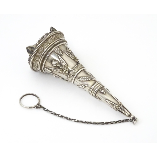 363 - A Victorian white metal posy holder of conical form with wirework detail, floral, acanthus scroll an... 