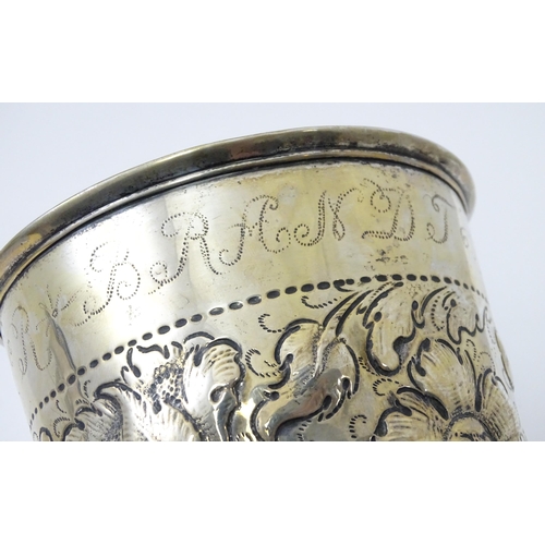 472 - Scandinavian silver : Two early 20thC Danish silver large beakers with floral and acanthus scroll de... 