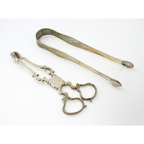 271 - Geo III silver sugar tongs with bright cut decoration, London c1778 maker Hester Bateman. Together w... 