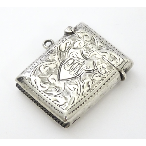 288 - A silver vesta case with engraved decoration, hallmarked Birmingham 1912, maker John Rose. Approx. 1... 