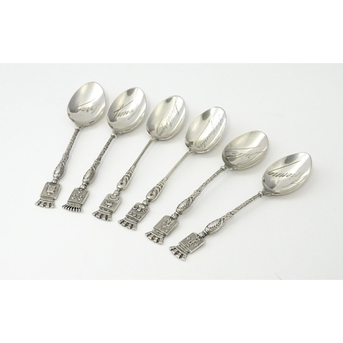 351 - Six French silver souvenir teaspoons, the handles with terminals formed as various town crests, the ... 