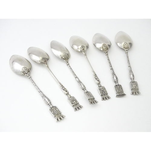 351 - Six French silver souvenir teaspoons, the handles with terminals formed as various town crests, the ... 