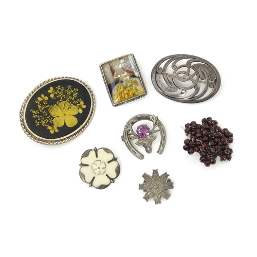 676 - Seven assorted brooches to include some hallmarked silver examples, one formed as a white Yorkshire ... 