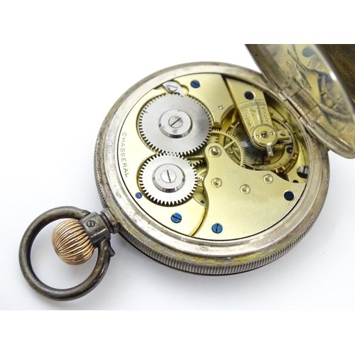 764 - A Swiss silver hunter pocket watch with white enamel dial and subsidiary seconds dial. Engraved Russ... 