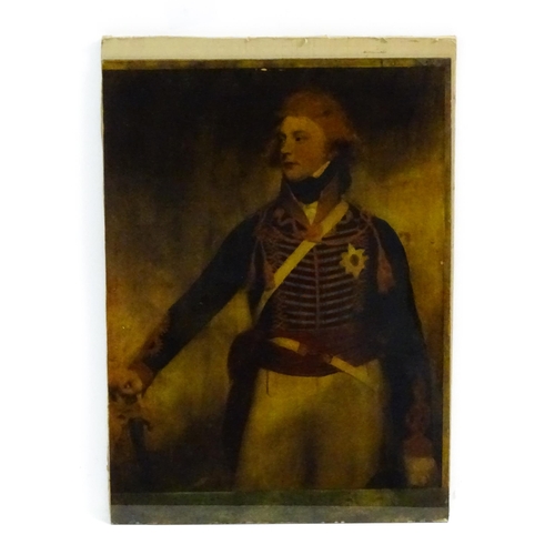 806 - Militaria : an early 20thC hand coloured photogravure depicting a portrait of George IV when Prince ... 