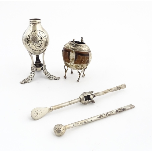 1073 - A mate pot with gourd / seed pod body and silver plate mounts with bird and foliate detail, with a m... 