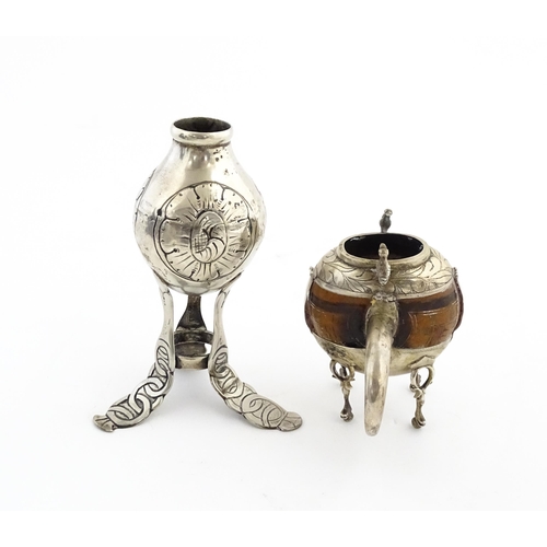 1073 - A mate pot with gourd / seed pod body and silver plate mounts with bird and foliate detail, with a m... 