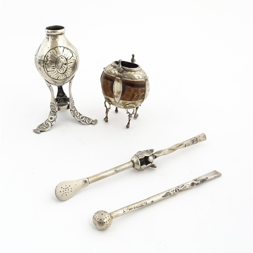 1073 - A mate pot with gourd / seed pod body and silver plate mounts with bird and foliate detail, with a m... 