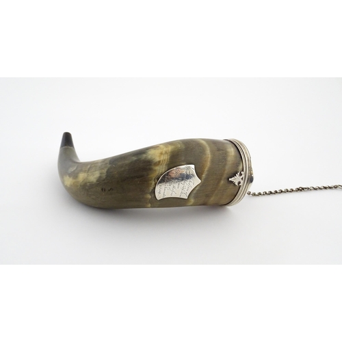 1075 - An early 19thC Scottish cow horn snuff mull with white metal mounts and shield engraved 'A Token of ... 