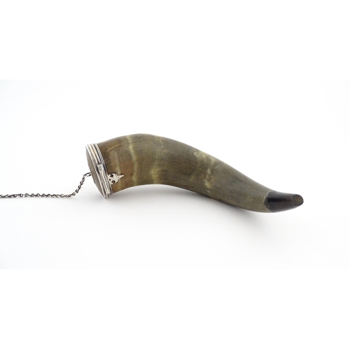 1075 - An early 19thC Scottish cow horn snuff mull with white metal mounts and shield engraved 'A Token of ... 