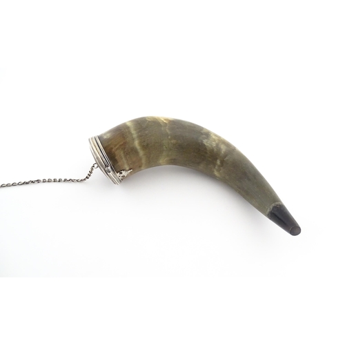 1075 - An early 19thC Scottish cow horn snuff mull with white metal mounts and shield engraved 'A Token of ... 