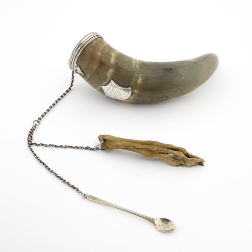 1075 - An early 19thC Scottish cow horn snuff mull with white metal mounts and shield engraved 'A Token of ... 