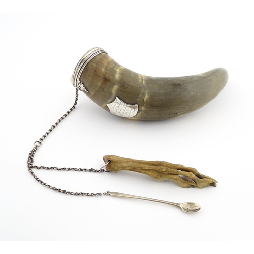 1075 - An early 19thC Scottish cow horn snuff mull with white metal mounts and shield engraved 'A Token of ... 