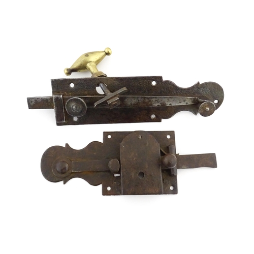 1220 - Two 18thC steel door latches with shaped back plates. Largest approx. 10