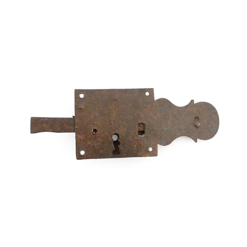 1220 - Two 18thC steel door latches with shaped back plates. Largest approx. 10