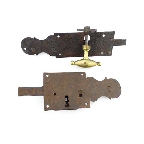 1220 - Two 18thC steel door latches with shaped back plates. Largest approx. 10