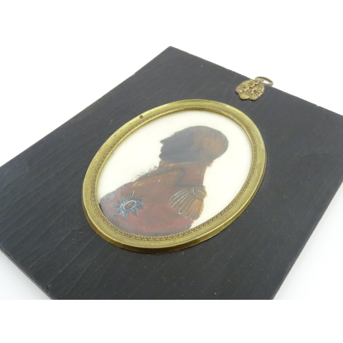 1236 - A 19thC watercolour silhouette portrait miniature depicting a a gentleman in profile and wearing mil... 