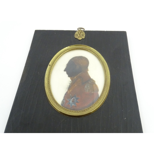 1236 - A 19thC watercolour silhouette portrait miniature depicting a a gentleman in profile and wearing mil... 