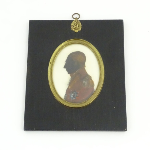 1236 - A 19thC watercolour silhouette portrait miniature depicting a a gentleman in profile and wearing mil... 