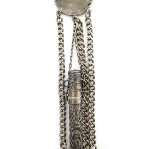 1239 - A white metal chatelaine the hanger front formed as an Un Duro (Girona) 1808 Spanish Fernando VII, w... 