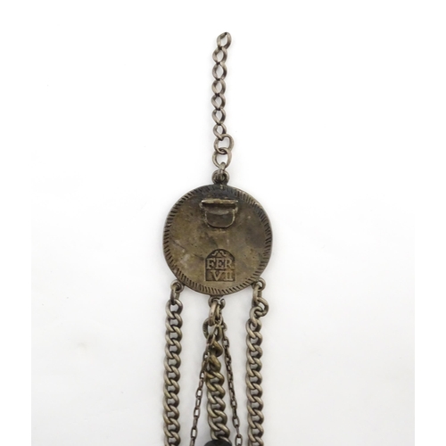 1239 - A white metal chatelaine the hanger front formed as an Un Duro (Girona) 1808 Spanish Fernando VII, w... 