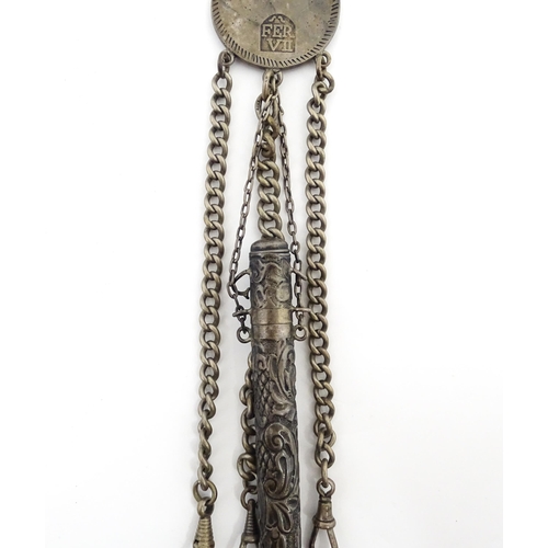 1239 - A white metal chatelaine the hanger front formed as an Un Duro (Girona) 1808 Spanish Fernando VII, w... 