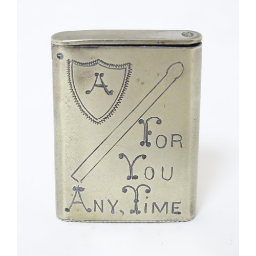 1252 - An early 20thC silver plate sweetheart vesta case engraved A 'match' for you any time. Approx. 1 1/2... 