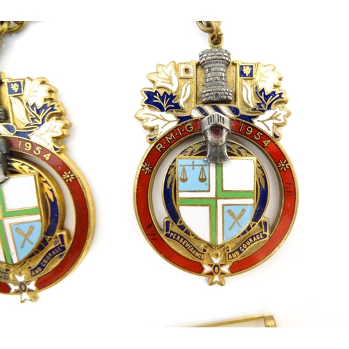 1263 - Freemasonry / Masonic Interest: Four Masonic gilt metal and enamel badges titled Stewart, RMIG 1954 ... 