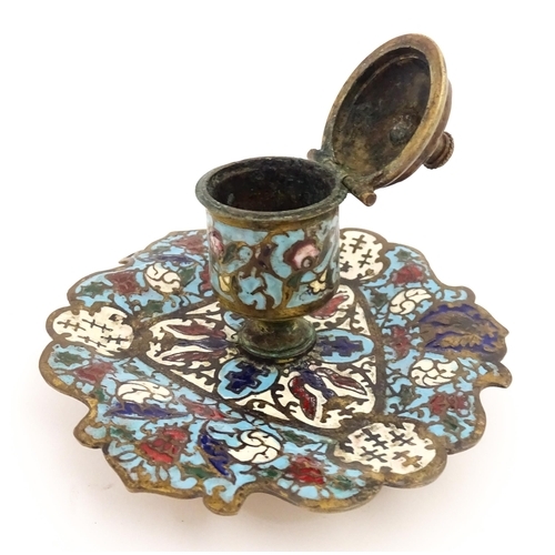 1270 - A 20thC inkwell with champleve enamel decoration. Possibly Russian. Approx. 3