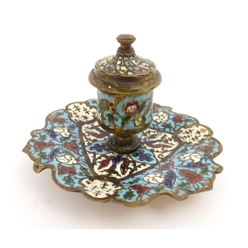 1270 - A 20thC inkwell with champleve enamel decoration. Possibly Russian. Approx. 3