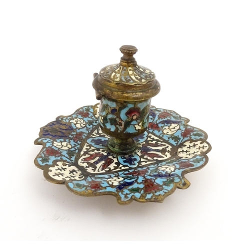 1270 - A 20thC inkwell with champleve enamel decoration. Possibly Russian. Approx. 3