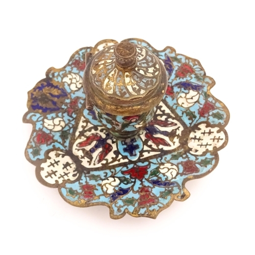 1270 - A 20thC inkwell with champleve enamel decoration. Possibly Russian. Approx. 3