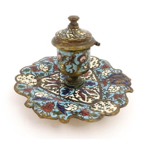 1270 - A 20thC inkwell with champleve enamel decoration. Possibly Russian. Approx. 3