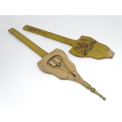 1359 - Early 20thC long handled bellows bearing the Royal Coat of Arms and decorated with flowers and folia... 