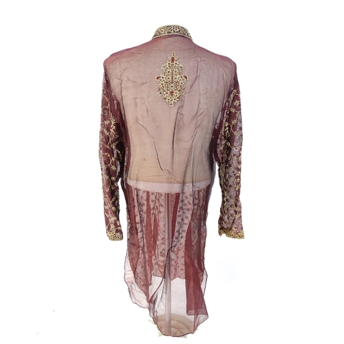 1386 - Vintage fashion / clothing: A wine coloured Indian Kurta / tunic with embroidery and bead work embel... 