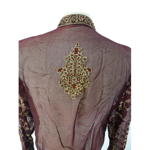 1386 - Vintage fashion / clothing: A wine coloured Indian Kurta / tunic with embroidery and bead work embel... 