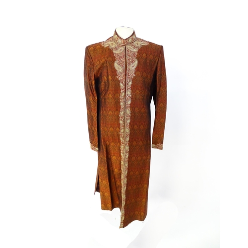 1387 - Vintage fashion / clothing: A Dark red and bronze coloured brocade Indian Shirwani / tunic with embr... 