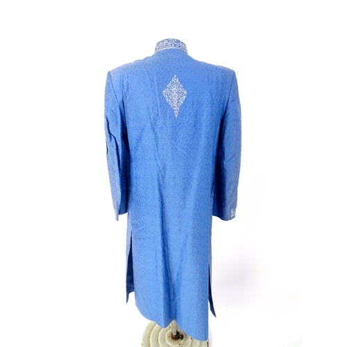 1389 - Vintage fashion / clothing: A blue Indian Shirwani / tunic with embroidery and bead work embellishme... 