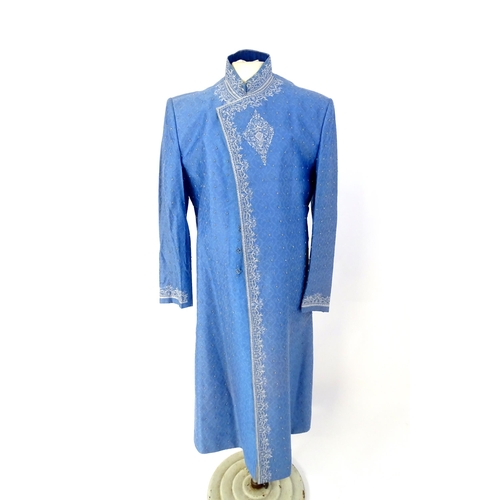 1389 - Vintage fashion / clothing: A blue Indian Shirwani / tunic with embroidery and bead work embellishme... 