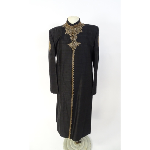 1390 - Vintage fashion / clothing: A black Indian Shirwani / tunic with embroidery and beadwork embellishme... 