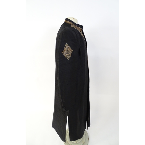 1390 - Vintage fashion / clothing: A black Indian Shirwani / tunic with embroidery and beadwork embellishme... 