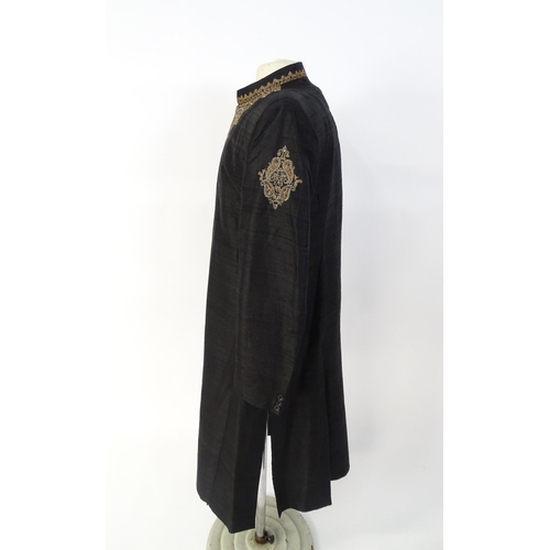 1390 - Vintage fashion / clothing: A black Indian Shirwani / tunic with embroidery and beadwork embellishme... 